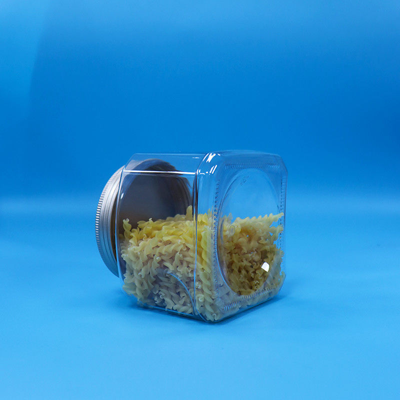 Γλυκά Τροφή Snack Τροφική ποιότητα PET Διαφανές τετραγωνικό σχήμα πλαστικό βάζο λαβή αλουμινίου
