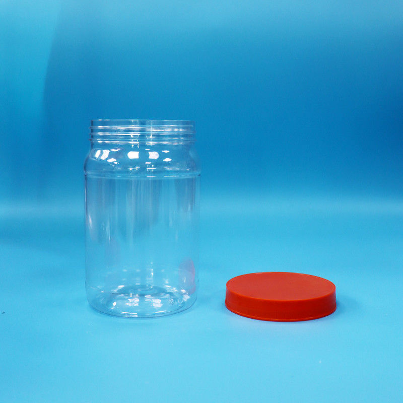 Διαφανές PET πλαστικό στρογγυλό τρόφιμα γλυκά μπισκότα συσκευασία βάζο κόκκινο χρώμα καπάκι βίδα