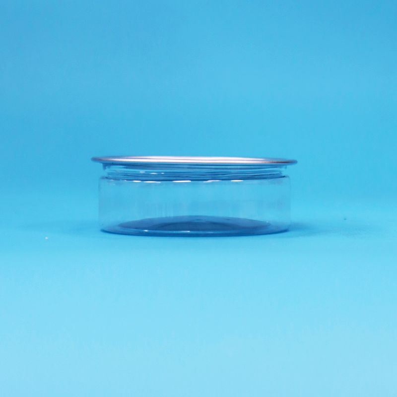 Στρογγυλό πλαστικό δοχείο PET με μεταλλικό καπάκι εύκολου ανοίγματος για συσκευασία τροφίμων, καραμελών, μπισκότων, σνακ