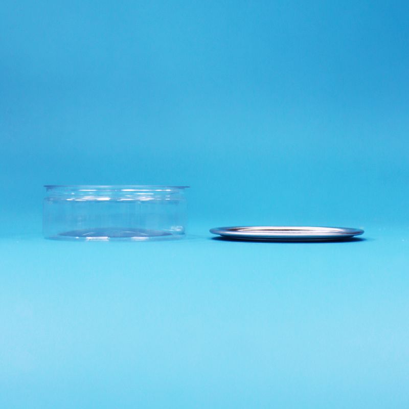 Στρογγυλό πλαστικό δοχείο PET με μεταλλικό καπάκι εύκολου ανοίγματος για συσκευασία τροφίμων, καραμελών, μπισκότων, σνακ