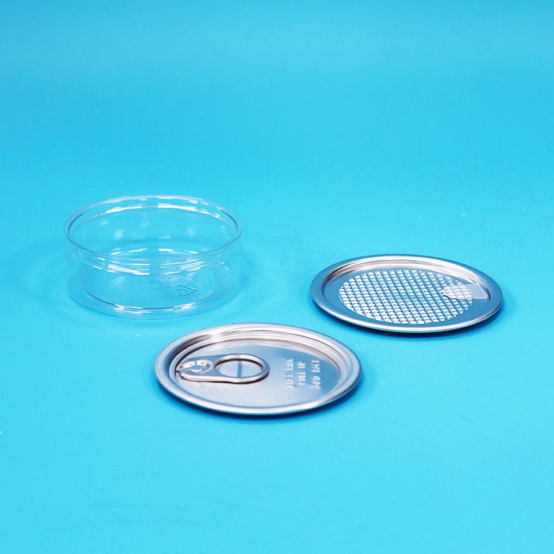 Στρογγυλό πλαστικό δοχείο PET με μεταλλικό καπάκι εύκολου ανοίγματος για συσκευασία τροφίμων, καραμελών, μπισκότων, σνακ