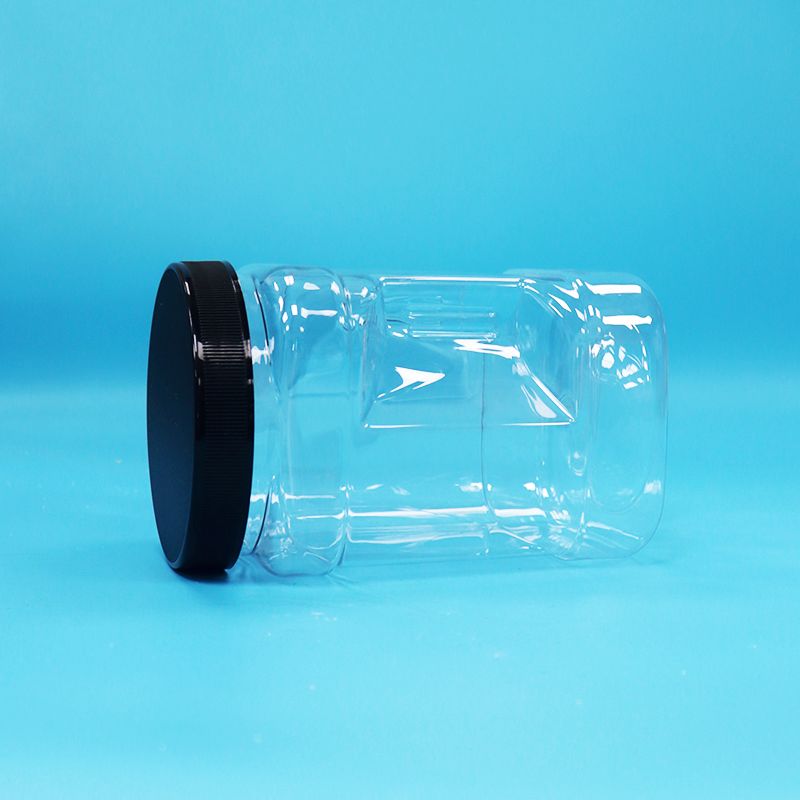 Διαφανή Πλαστικά Βάζα PET με Λαβή για Αποξηραμένα Φρούτα και Ξηρούς Καρπούς, Τετράγωνου Σχήματος, με Μαύρα Επίπεδα Καπάκια