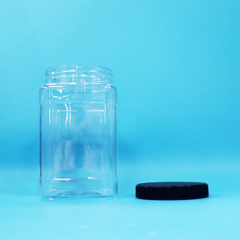 Διαφανή βάζα τετράγωνου σχήματος πλαστικό PET μαύρο καπάκι για τρόφιμα καραμέλες μπισκότα ζυμαρικά